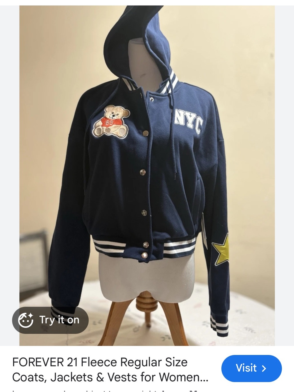 Forever 21 Kids Navy Hooded Varsity Jacket with Teddy & NYC Patches - Picture 9 of 10